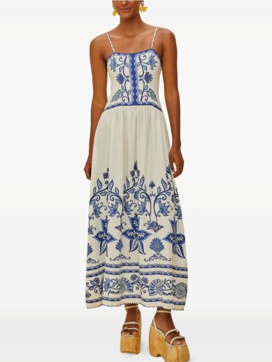 FARM Rio Dresses & Skirts - Farm Rio Off-White and Blue Floral Shell Garden Midi Dress Soze XL